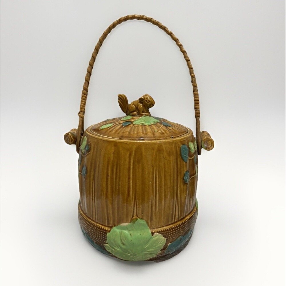 Vintage Majolica Biscuit Cookie Jar Squirrel Top Rattan Handle Hand Glazed Japan